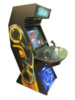 742 2-player, yellow buttons, blue buttons, blue trackball, black trim, tron joystick, spinner, tron