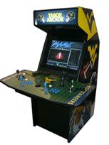 111 4-player, tabor arcade, sports, football, mountaineers, black buttons, blue buttons, black trackball, tron joystick, spinner
