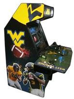 117 4-player, tabor arcade, sports, football, mountaineers, black buttons, blue buttons, black trackball, tron joystick, spinner
