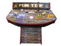 725 2-player, yellow buttons, blue buttons, lighted, white trackball, red trim, black trim, tron joystick, spinner, fun time, arcade game pics