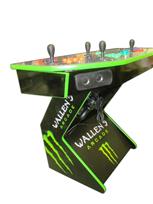 1073 4-player, green buttons, blue buttons, red buttons, orange buttons, lighted, green trackball, green trim, black trim, wallens arcade, monster