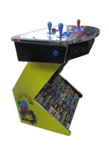 1084 2-player, blue buttons, red buttons, blue trackball, silver trim, spinner, pedestal arcade, pac man