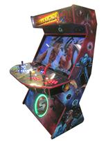 729 4-player, blue buttons, red buttons, lighted, orange trackball, red trim, black trim, tron joystick, spinner, strykers arcade