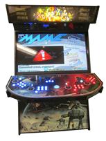 736 4-player, blue buttons, red buttons, lighted, blue trackball, black trim, star wars, fight scene