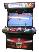 921 4-player, yellow buttons, green buttons, blue buttons, red buttons, lighted, black trackball, black trim, tron joystick, chicago blackhawks arcade