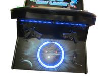 937 4-player, yellow buttons, green buttons, blue buttons, red buttons, lighted, green trackball, black trim, tron joystick, spinner, starship enterprise