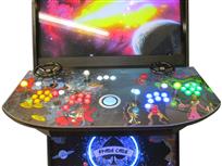 994 4-player, yellow buttons, green buttons, blue buttons, red buttons, lighted, blue trackball, black trim, tron joystick, spinner, spade cade, spade