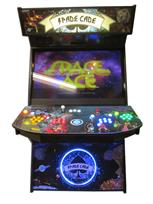 997 4-player, yellow buttons, green buttons, blue buttons, red buttons, lighted, blue trackball, black trim, spinner, spade cade, spade